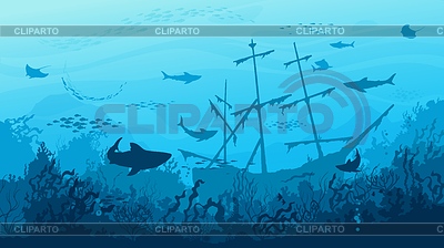 Tiburones marinos, barcos hundidos y peces bajo el agua | Ilustración vectorial de stock |ID 7497681