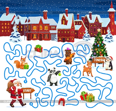 Laberinto navideño laberinto con personajes navideños | Ilustración vectorial de stock |ID 7514222