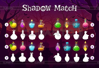 Juego de combinación de sombras de Halloween, botellas de pociones de brujas | Ilustración vectorial de stock |ID 7584180