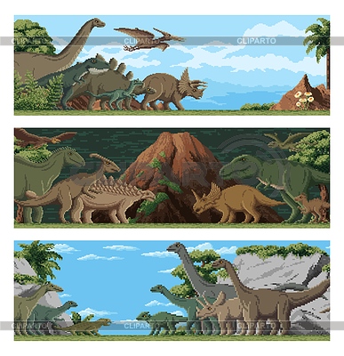 8 bit Pixelkunst Dinosaurier, Dinopark Landschaft | Stock Vektorgrafik |ID 7591810