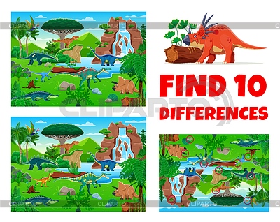 Juego para niños, encuentra diez diferencias entre dinosaurios | Ilustración vectorial de stock |ID 7593765