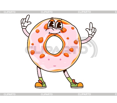 Personaje de dibujos animados Groovy donut con esmalte rosa | Ilustración vectorial de stock |ID 7606977