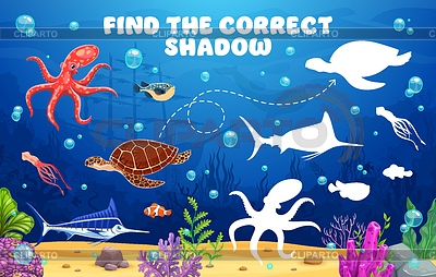Encuentra la sombra correcta del acertijo divertido de los animales marinos | Ilustración vectorial de stock |ID 7626365