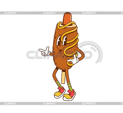Personaje de comida rápida de perro de maíz hippie de dibujos animados Groovy | Ilustración vectorial de stock |ID 7636312