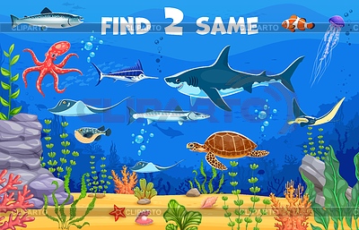 Hoja de trabajo del juego para niños, encuentra dos mismos animales marinos | Ilustración vectorial de stock |ID 7645650