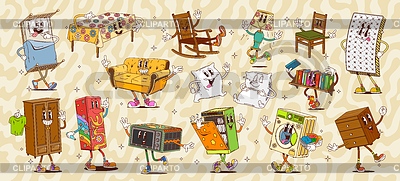 Personajes de muebles y electrodomésticos groovy de dibujos animados | Ilustración vectorial de stock |ID 7648050