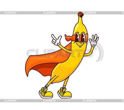 Superhéroe maravilloso de la fruta del plátano, personaje de dibujos animados | Ilustración vectorial de stock |ID 7648058