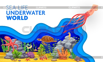 Underwater landscape paper cut sea life background | Stock Vector Graphics |ID 7648462