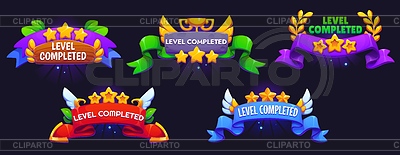 Nivel de juego completa insignias, estrellas y trofeos | Ilustración vectorial de stock |ID 7650915