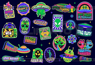 Pegatinas maravillosas de galaxia y2k del espacio exterior, etiquetas OVNI | Ilustración vectorial de stock |ID 7650977