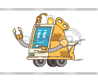 Robot maravilloso divertido de dibujos animados, droide retro sobre ruedas | Ilustración vectorial de stock |ID 7650993