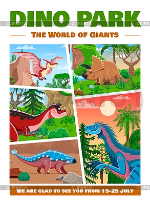 Póster de Dino park con personajes de dinosaurios de dibujos animados | Ilustración vectorial de stock |ID 7651045