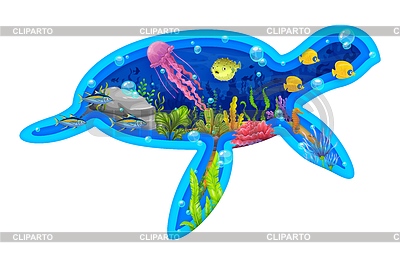 Paper cut turtle silhouette with fish and seahorse | Stock Vector Graphics |ID 7651337