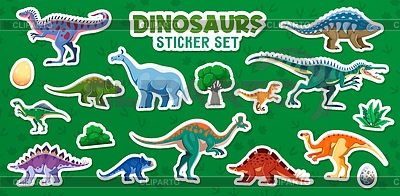 Pegatinas de dinosaurios prehistóricos, lagartos de dibujos animados | Ilustración vectorial de stock |ID 7652721