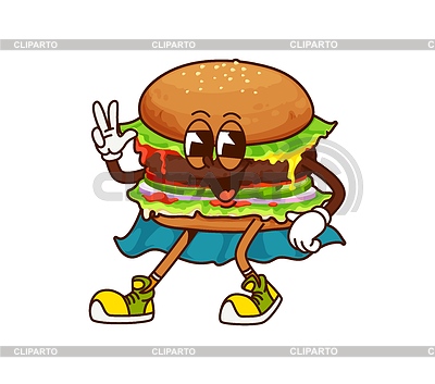 Personaje de hamburguesa de comida rápida groovy de dibujos animados en cape | Ilustración vectorial de stock |ID 7654029