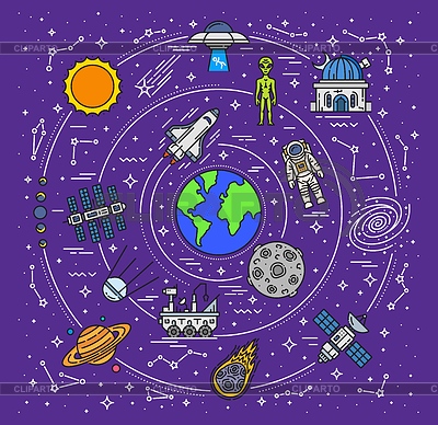 Линейный пейзаж галактики, звездные созвездия, планеты | Векторный клипарт |ID 7654157
