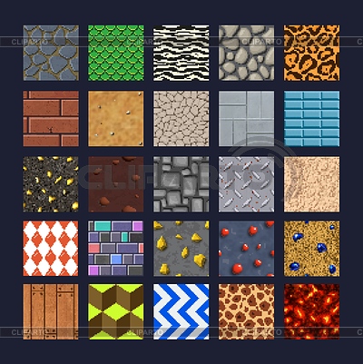Azulejos de juego de pixel art de 8 bits, conjunto de patrones sin costuras | Ilustración vectorial de stock |ID 7654585