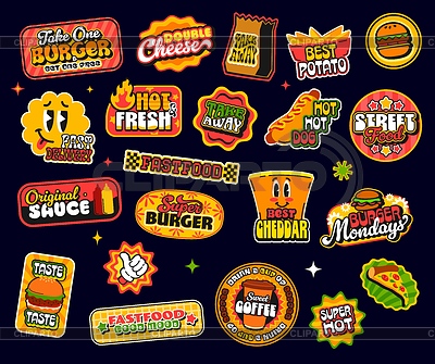 Pegatinas y etiquetas groovy y2k de comida rápida para llevar | Ilustración vectorial de stock |ID 7655275