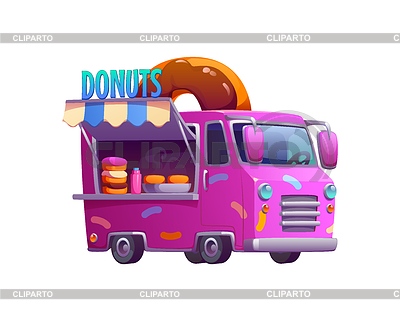 Camión de comida con donas, camión de comida vintage de dibujos animados | Ilustración vectorial de stock |ID 7657309