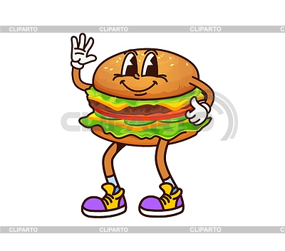 Personaje de hamburguesa de comida rápida groovy de dibujos animados | Ilustración vectorial de stock |ID 7659956