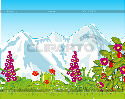 Glade verde con flores y montañas nevadas | Ilustración vectorial de stock |ID 6869103