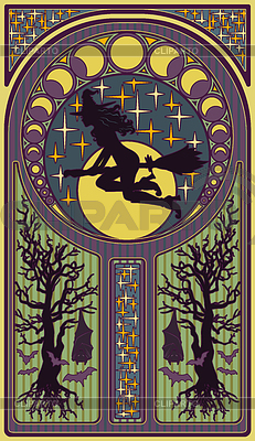 Bruja-chica con una luna, tarjeta de estilo art nouveau, vector | Ilustración vectorial de stock |ID 7028051