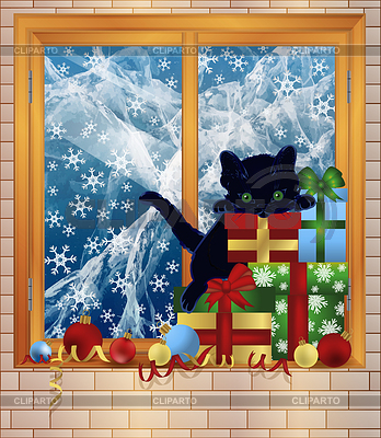 Merry Christmas winter window with xmas ball and cat ,  | Stock Vector Graphics |ID 7407285