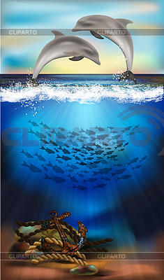 Pancarta submarina con delfines y ancla vieja. vector | Ilustración vectorial de stock |ID 7653125