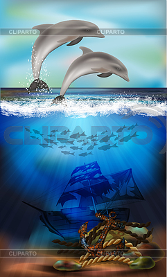 Tarjeta submarina con delfines y ancla vieja. vector il | Ilustración vectorial de stock |ID 7653127