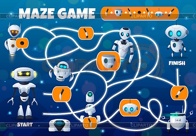 Robots de dibujos animados, laberinto de juego de laberinto educativo para niños | Ilustración vectorial de stock |ID 7208722