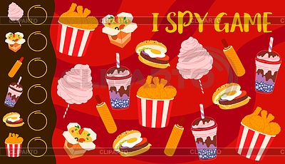 Juego de espías con comida rápida, postres y bebidas | Ilustración vectorial de stock |ID 7519530