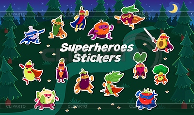 Cartoon superhero vegetable characters stickers | Stock Vector Graphics |ID 7635643