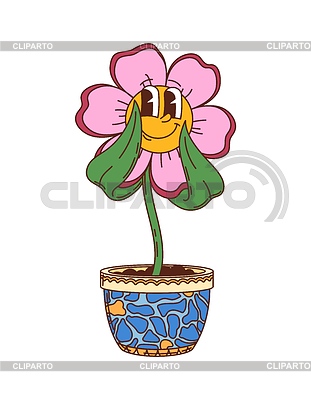 Personaje de maceta de flores hippie groovy de dibujos animados | Ilustración vectorial de stock |ID 7647313