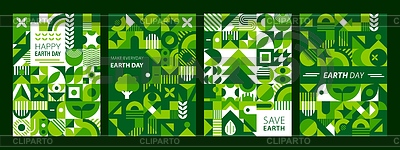 Carteles del día de la Tierra con formas geométricas verdes | Ilustración vectorial de stock |ID 7647327