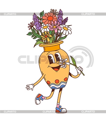 Personaje de jarrón de flores hippie groovy de dibujos animados y2k | Ilustración vectorial de stock |ID 7650521