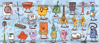 Personajes maravillosos de limpieza, lavado y hogar | Ilustración vectorial de stock |ID 7654985