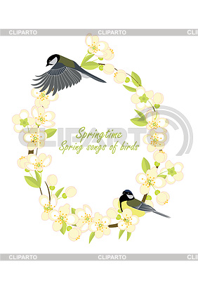 Capítulo con los pájaros en las ramas con flores | Ilustración vectorial de stock |ID 5605206