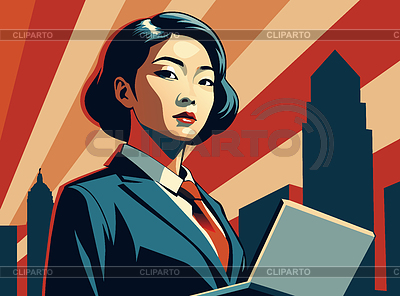 Poderosa mujer de negocios asiática con computadora portátil, en | Ilustración vectorial de stock |ID 7651615