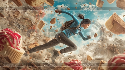 Athletic woman sprinting away of giant flying | High resolution stock photo |ID 7653003
