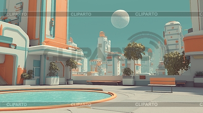 Paisaje urbano retrofuturista al estilo de la era atómica con | Ilustración de alta resolución |ID 7654315