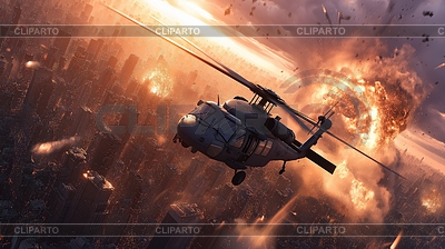 Helicóptero escapando de la explosión en la ciudad con fuego | Ilustración de alta resolución |ID 7657426