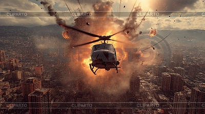 Helicóptero escapando de la explosión en la ciudad con fuego | Ilustración de alta resolución |ID 7657427