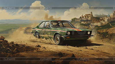 Retro-Rallye-Auto spritzt Schmutz in Vintage-Artwork | Foto mit hoher Auflösung |ID 7657449