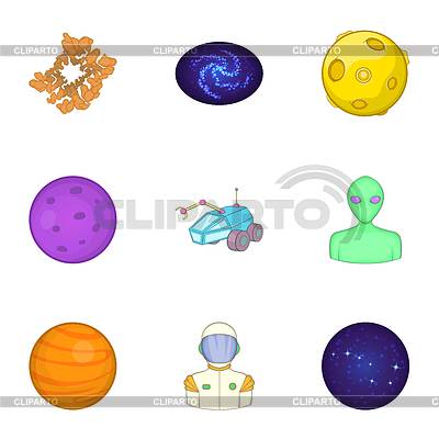 Conjunto de iconos de cosmos, estilo de dibujos animados | Ilustración vectorial de stock |ID 7198101