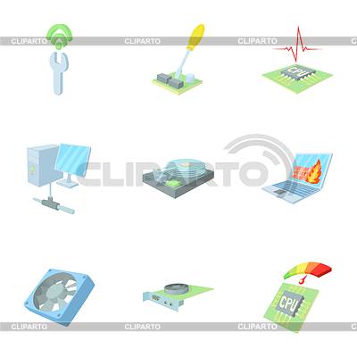 Conjunto de iconos de configuración de computadora, estilo de dibujos animados | Ilustración vectorial de stock |ID 7209120