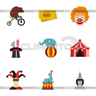 Conjunto de iconos de circo, estilo plano | Ilustración vectorial de stock |ID 7222992