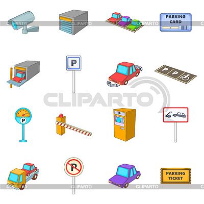 Conjunto de iconos de elementos de estacionamiento, estilo de dibujos animados | Ilustración vectorial de stock |ID 7603013
