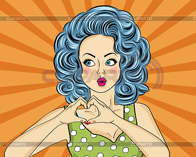 Mujer de arte pop haciendo el signo del corazón con las manos. Cómic | Ilustración vectorial de stock |ID 6673920