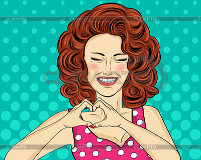 Mujer de arte pop haciendo el signo del corazón con las manos. Cómic | Ilustración vectorial de stock |ID 6673922