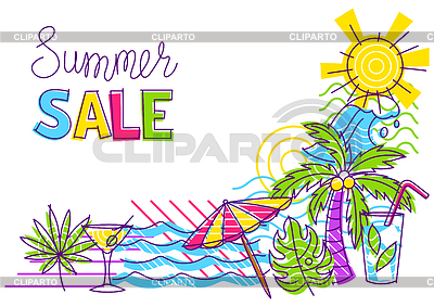 Fondo con artículos de verano. Objetos de playa estilizados | Ilustración vectorial de stock |ID 7535528